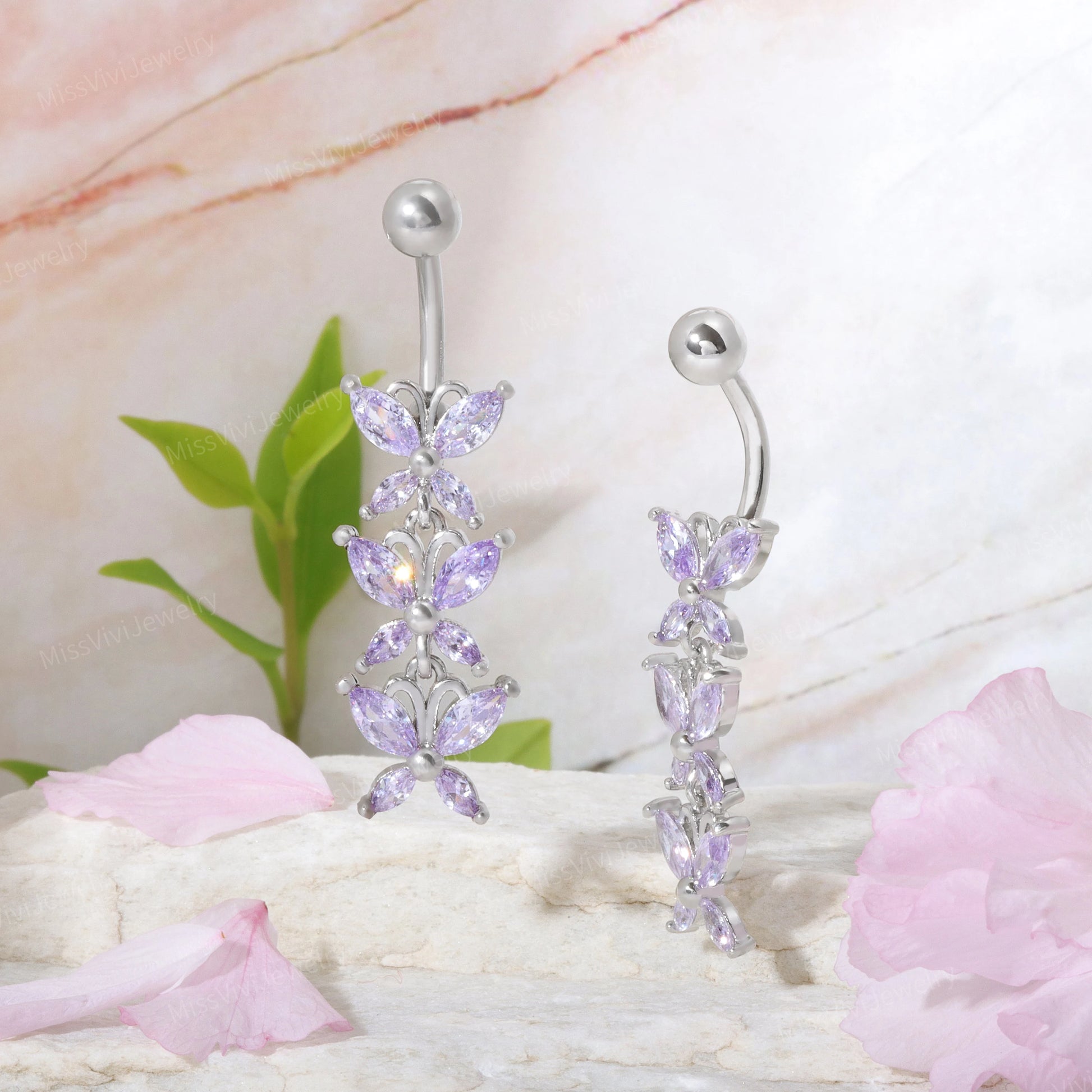 14G CZ Butterfly Belly Button Ring| Dangle Belly Ring| Crystal Navel Ring| Belly Piercing| Butterfly Navel Ring| Silver Belly Bar| 1.6*10mm Miss Vivi Jewelry