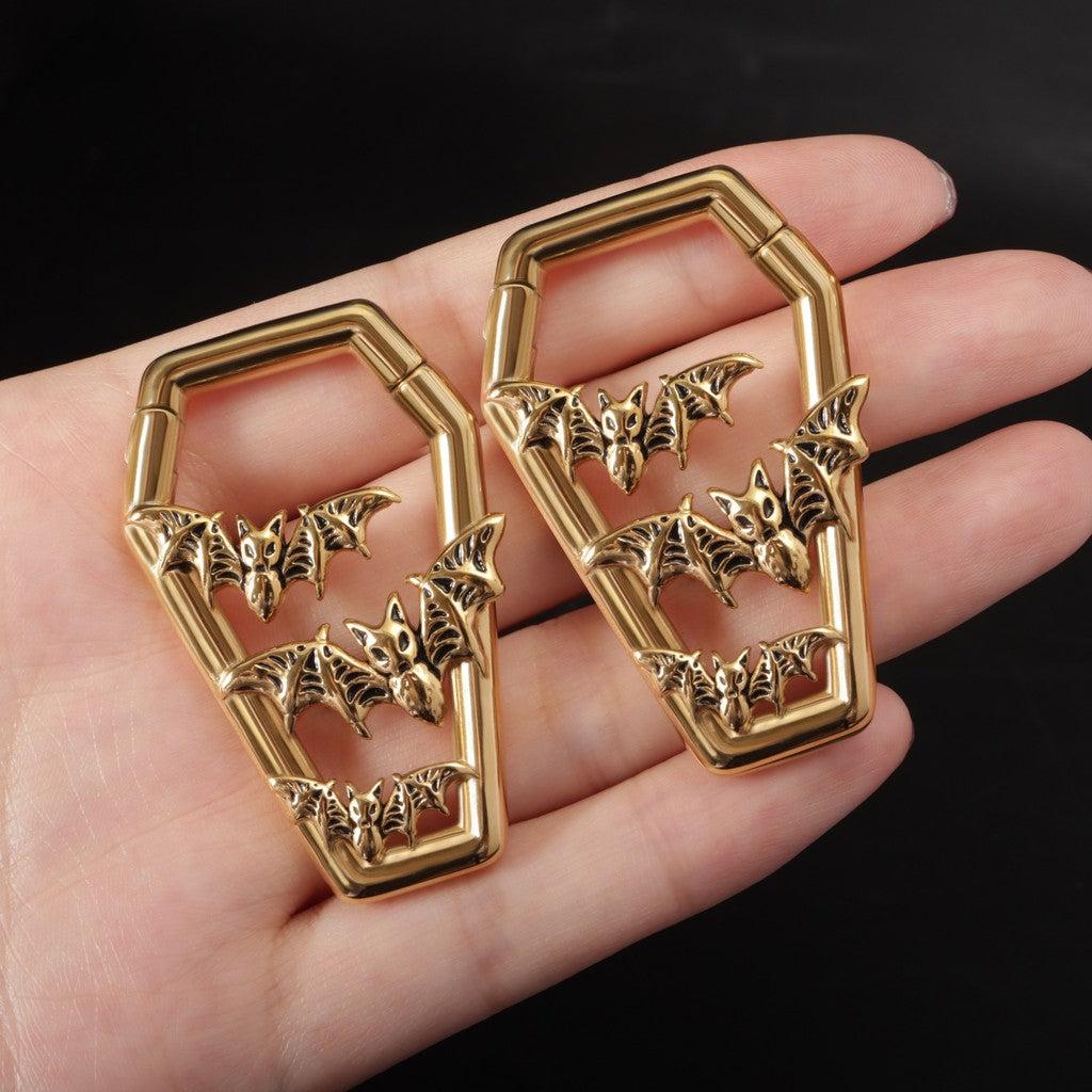 Golden Bat&Coffin Ear Weights/ 4mm Ear Weights Hoop/ 6 Gauges Ear Stretchers/ Heavy Gauge Ring/ Heavy Ear Tunnels/ Ear Gauges Earring
