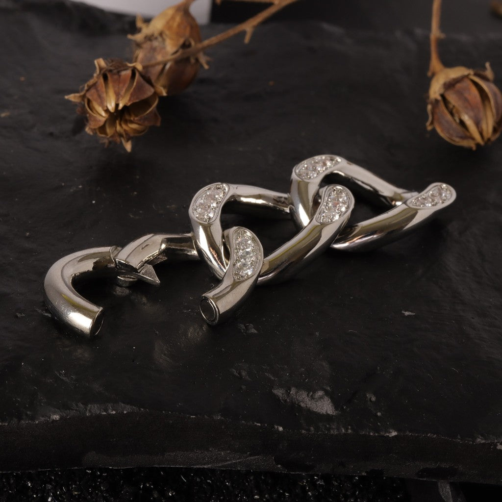 Silvery Cuban Chain Ear Weights Hanger with Easy Closure/ Mirror Polished CZ Paved Ear Gauge Jewelry/ Weighted Ear Hoop Clicker Steel/4mm