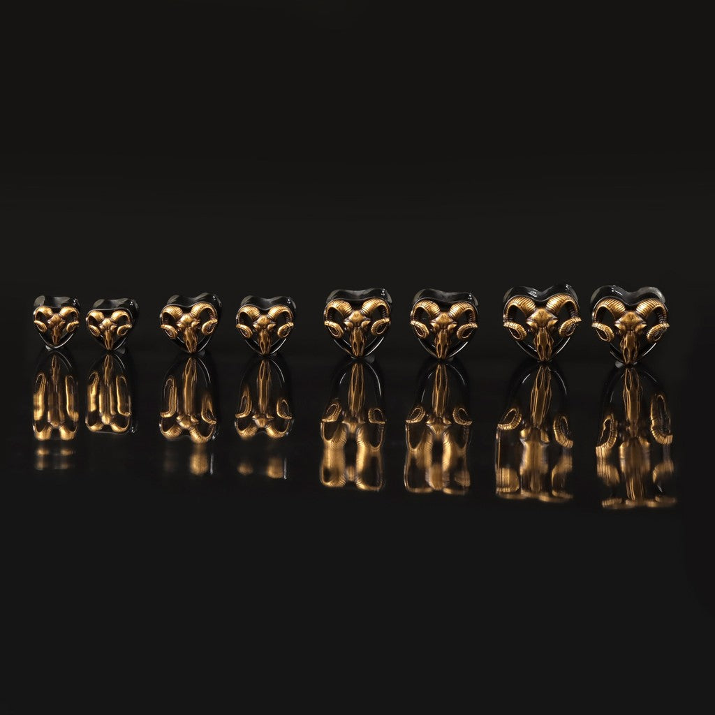 Handmade Ram Skull Ear Plugs – Golden & Black Acrylic Tunnels – Gothic Animal Skull Gauges – Unique Ear Stretching Jewelry – 8mm to 14mm