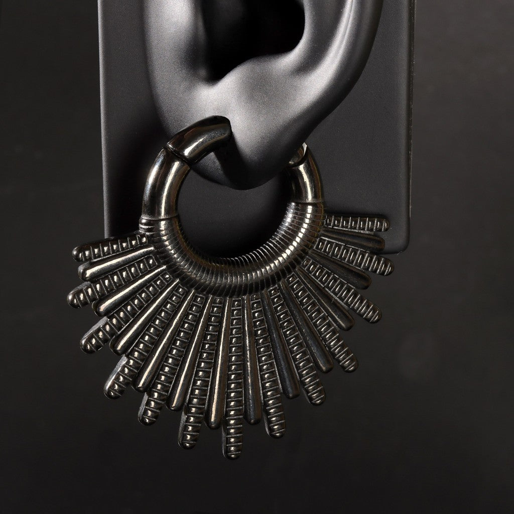 Black Fan Ear Weights for Stretched Ear/ Ear Hangers Hoop with Easy Clasp/ Gothic 2 Gauge Ear Plugs Heavy/ Steel Earlobe Gauge Weights