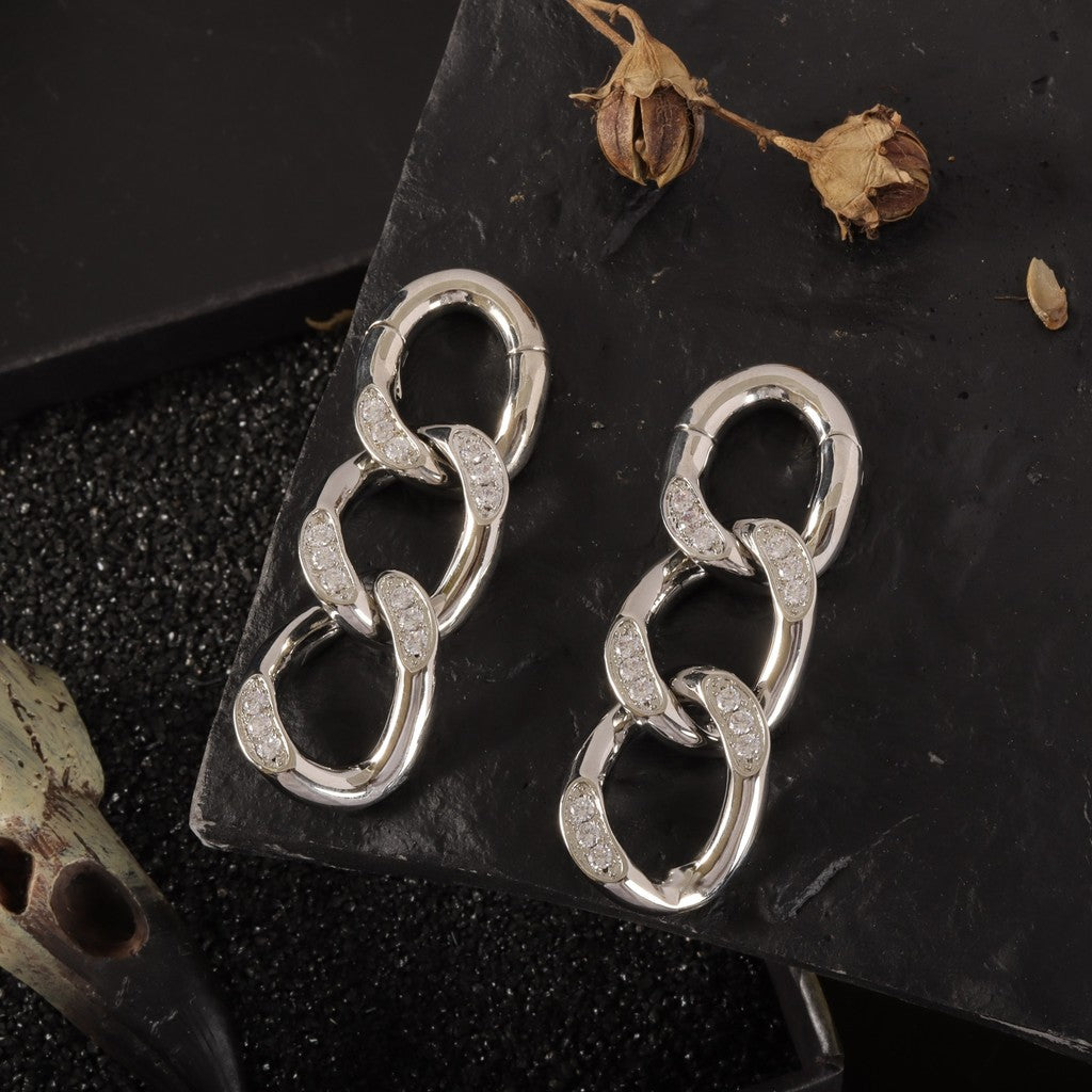 Silvery Cuban Chain Ear Weights Hanger with Easy Closure/ Mirror Polished CZ Paved Ear Gauge Jewelry/ Weighted Ear Hoop Clicker Steel/4mm