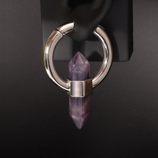 Amethyst Ear Weight/ 6mm 2G Ear Lobe Hanger/ Ear Weight Gauges For Stretched Ear/ Spike Amethyst Plug Earring/Stone Dangle Ear Hanger Silvery