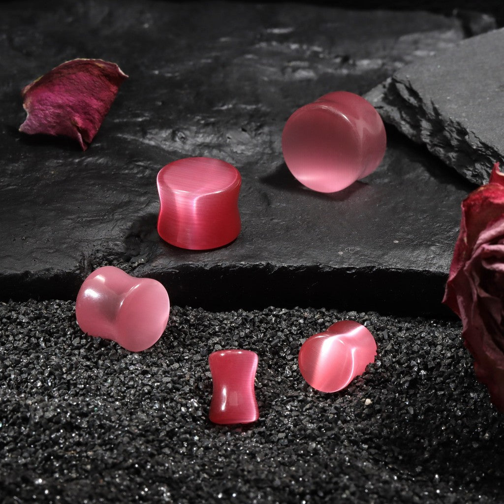 Pink Cat's Eye Stone Ear Plug Earrings/ Ear Gauges 6~14mm/ Stone Ear Stretchers