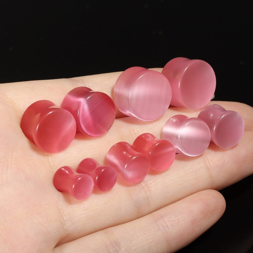 Pink Cat's Eye Stone Ear Plug Earrings/ Ear Gauges 6~14mm/ Stone Ear Stretchers