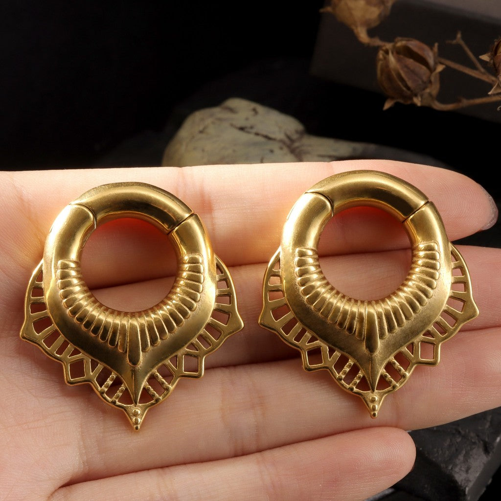 Golden Lace Flower lobe weights/ Hinged Gauge Ring/ 2G Ear Gauges/ Ear Lobe stretching 6mm/ Gift Packaged Ear Weights