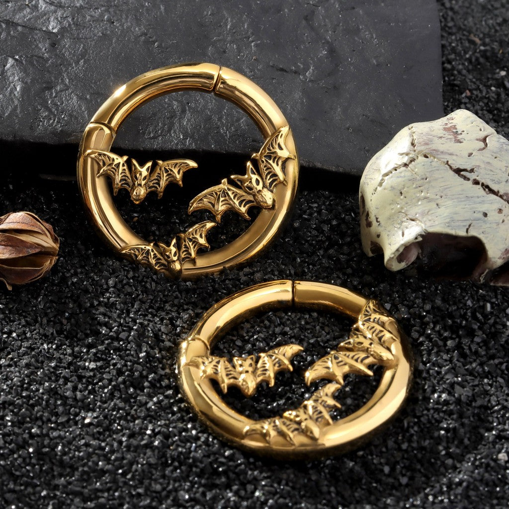 Flying Bat Ear Weights/ Round Ear Gauge Rings/ Stretched Ear Jewelry/6G Ear Plugs/Golden Ear Hangers/Steel Tunels