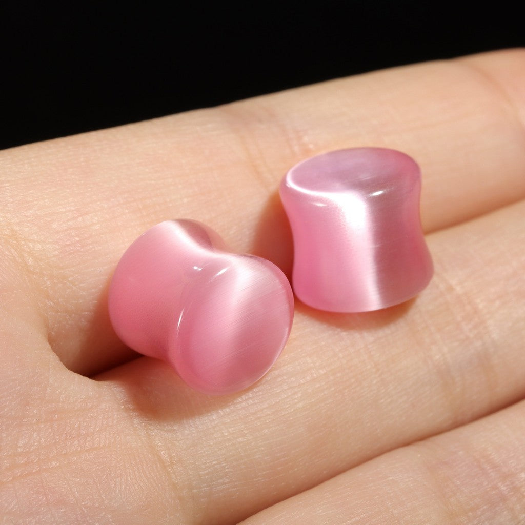 Pink Cat's Eye Stone Ear Plug Earrings/ Ear Gauges 6~14mm/ Stone Ear Stretchers