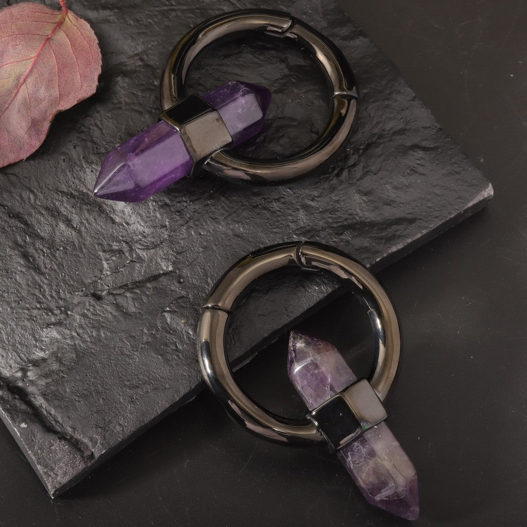 Amethyst Black Ear Weights , Hanging Gauge, Ear Weights, Lobe Hanger, Hexagonal Hoop Weights for Stretched Ears