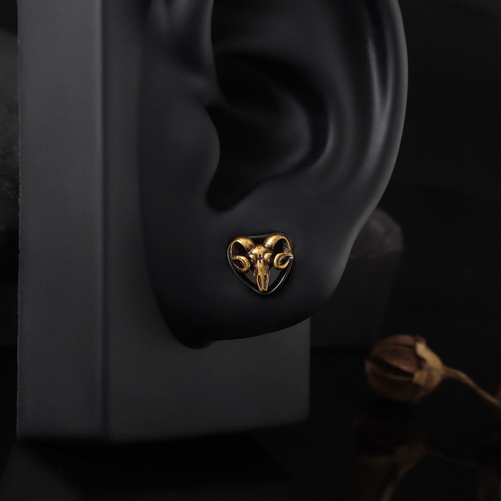Handmade Ram Skull Ear Plugs – Golden & Black Acrylic Tunnels – Gothic Animal Skull Gauges – Unique Ear Stretching Jewelry – 8mm to 14mm