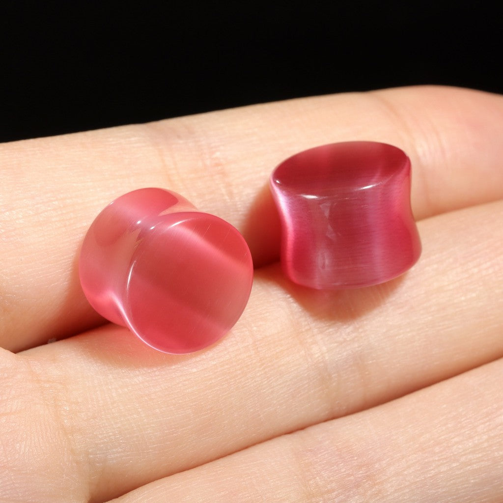 Pink Cat's Eye Stone Ear Plug Earrings/ Ear Gauges 6~14mm/ Stone Ear Stretchers