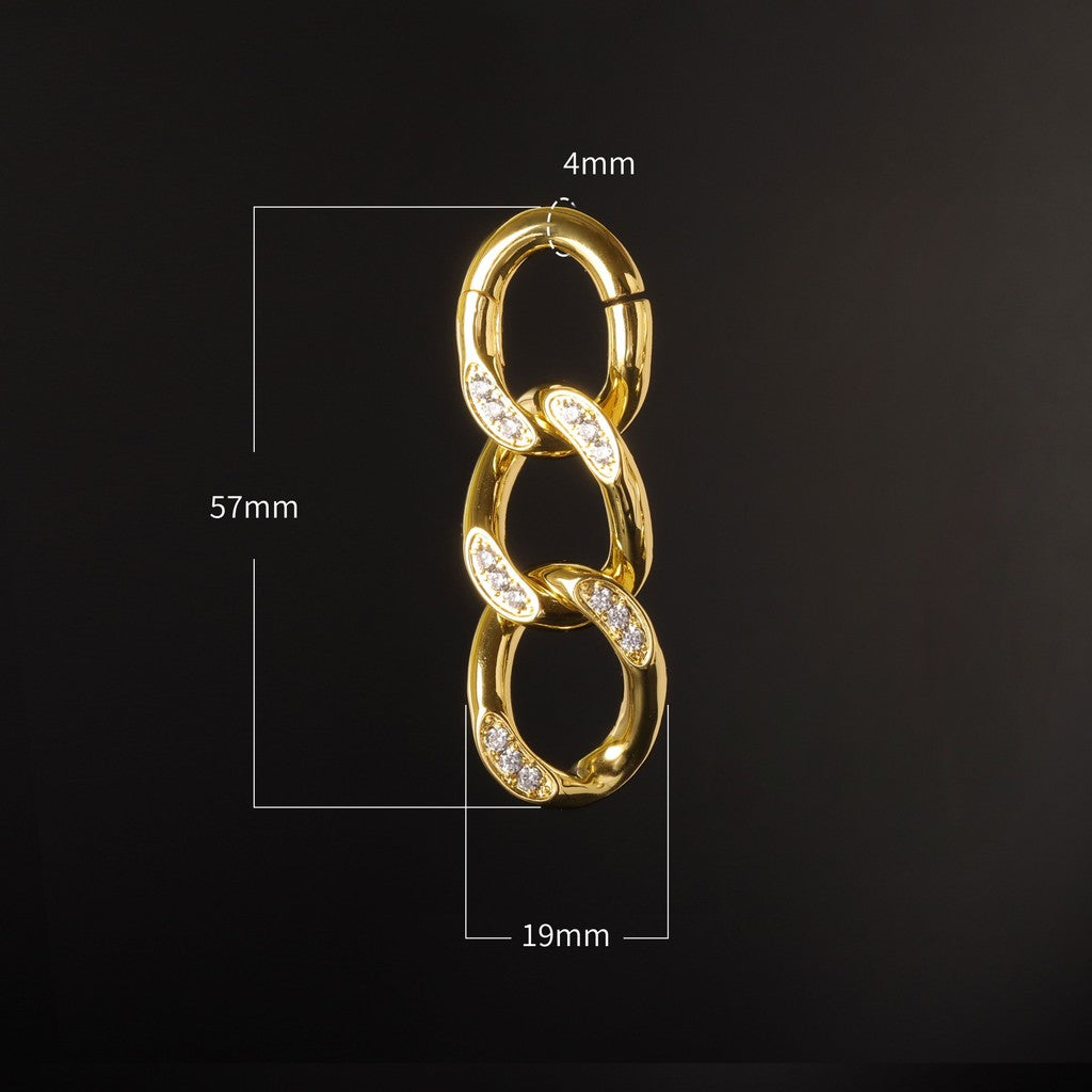 Silvery Cuban Chain Ear Weights Hanger with Easy Closure/ Mirror Polished CZ Paved Ear Gauge Jewelry/ Weighted Ear Hoop Clicker Steel/4mm