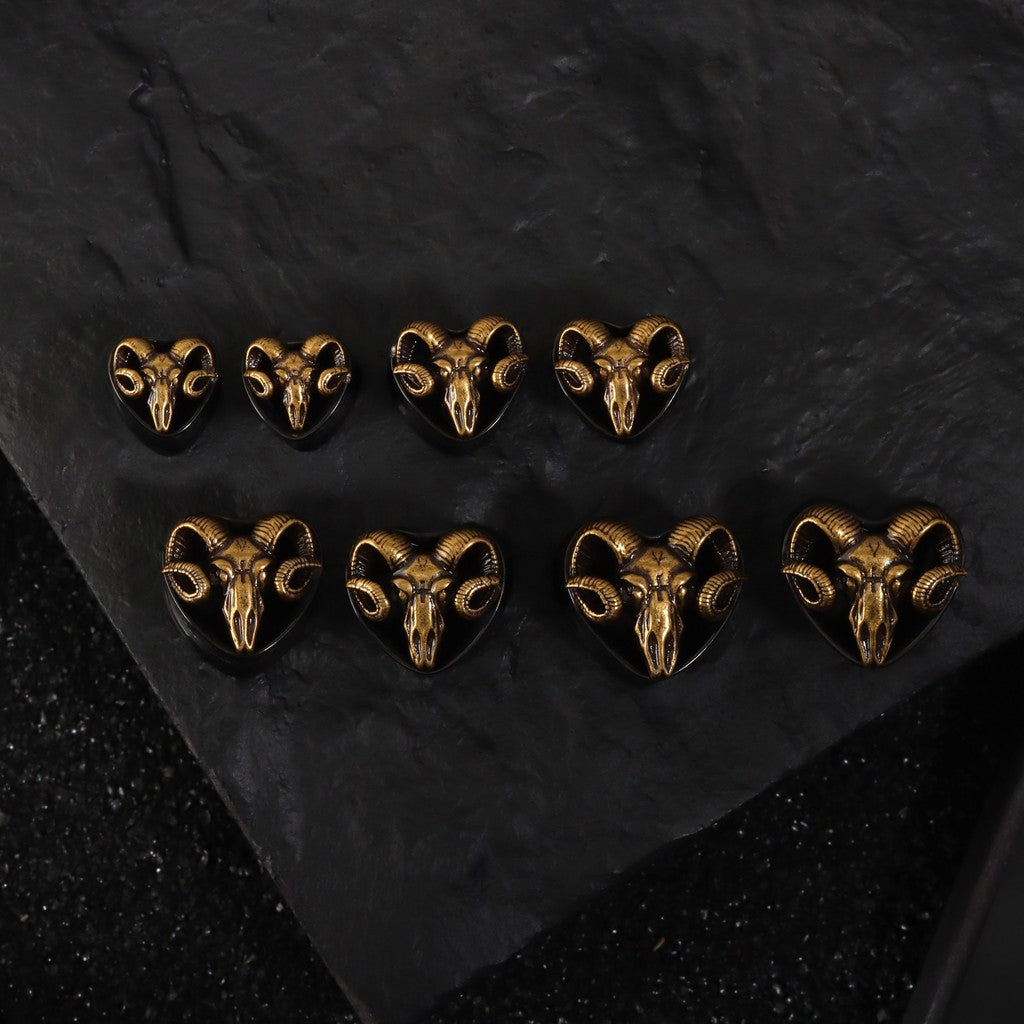 Handmade Ram Skull Ear Plugs – Golden & Black Acrylic Tunnels – Gothic Animal Skull Gauges – Unique Ear Stretching Jewelry – 8mm to 14mm