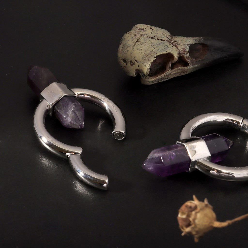 Amethyst Black Ear Weights , Hanging Gauge, Ear Weights, Lobe Hanger, Hexagonal Hoop Weights for Stretched Ears