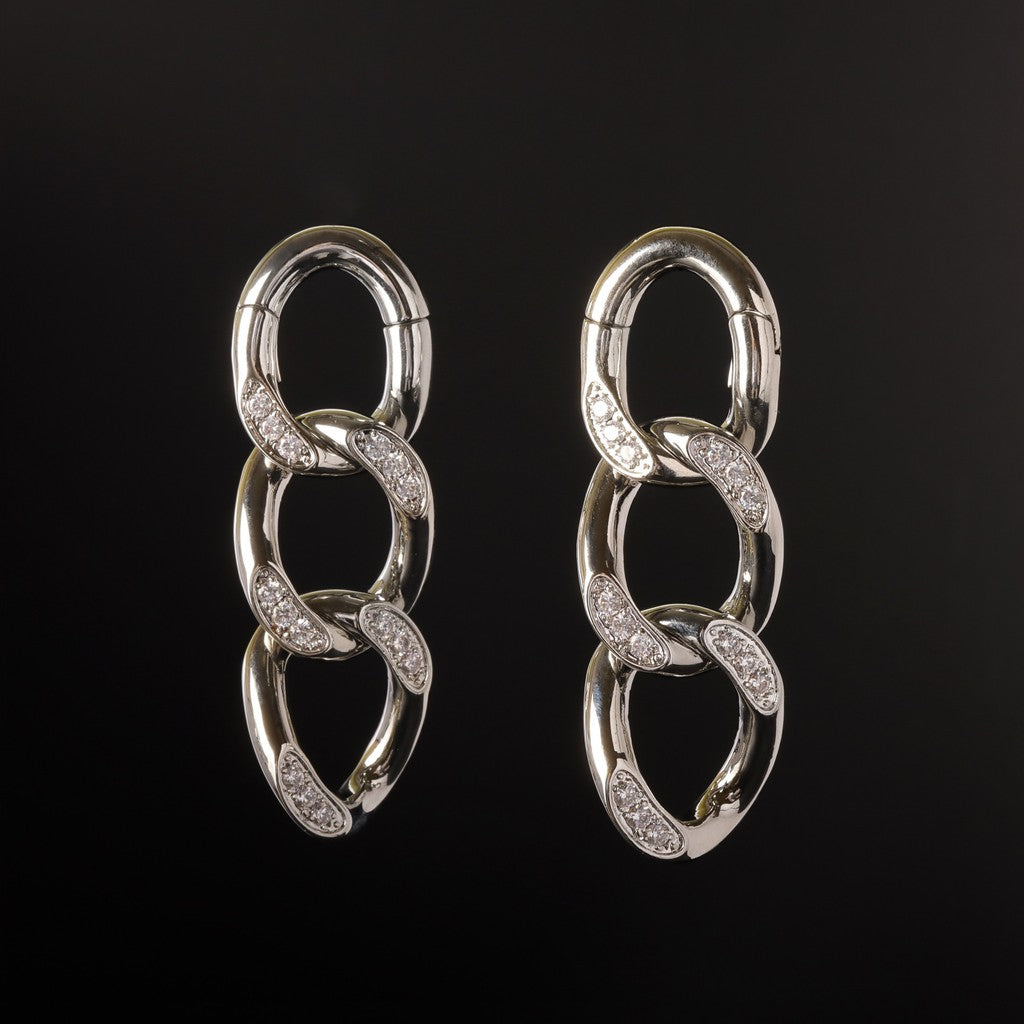 Silvery Cuban Chain Ear Weights Hanger with Easy Closure/ Mirror Polished CZ Paved Ear Gauge Jewelry/ Weighted Ear Hoop Clicker Steel/4mm