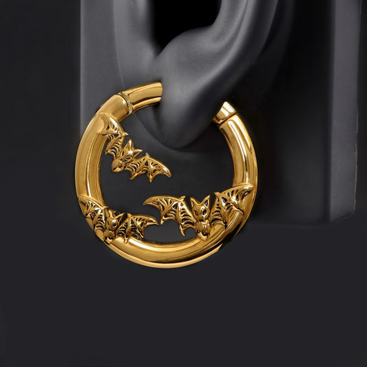 Flying Bat Ear Weights/ Round Ear Gauge Rings/ Stretched Ear Jewelry/6G Ear Plugs/Golden Ear Hangers/Steel Tunels