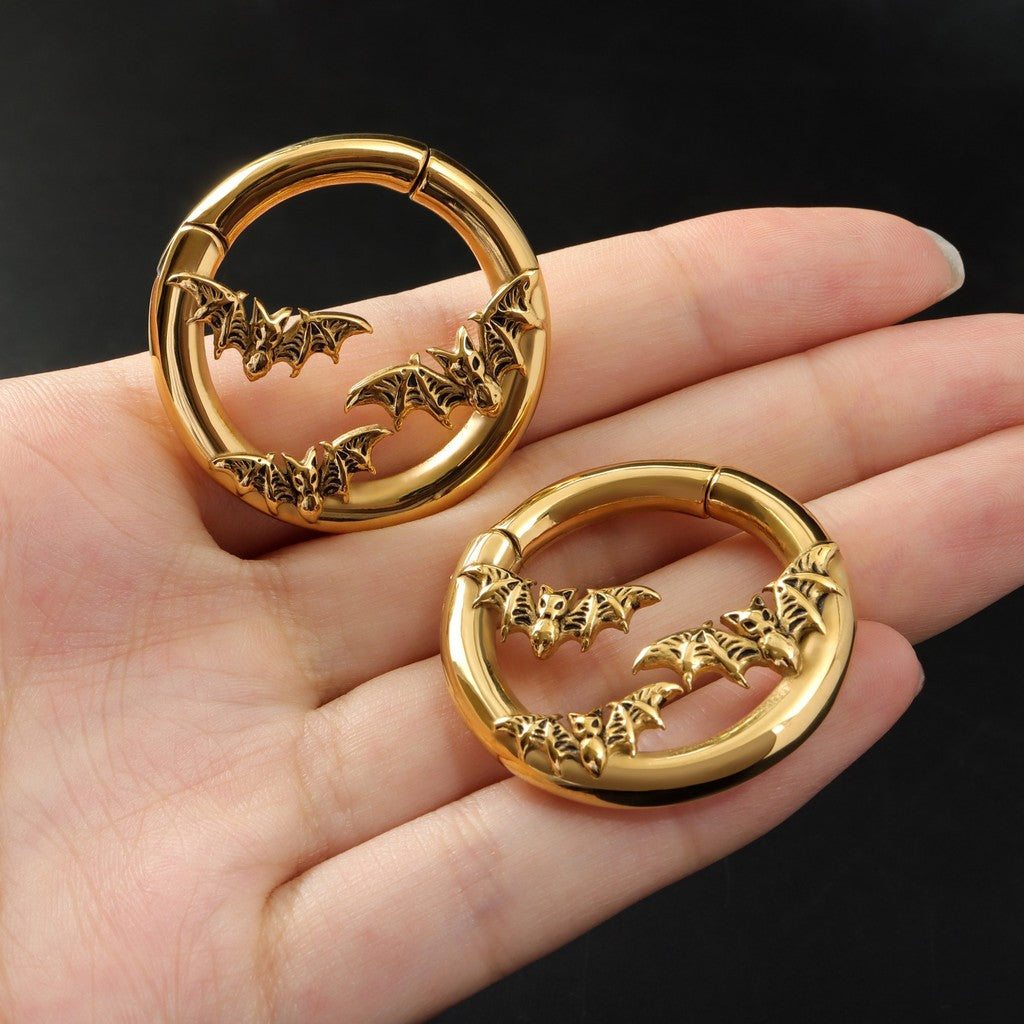 Flying Bat Ear Weights/ Round Ear Gauge Rings/ Stretched Ear Jewelry/6G Ear Plugs/Golden Ear Hangers/Steel Tunels