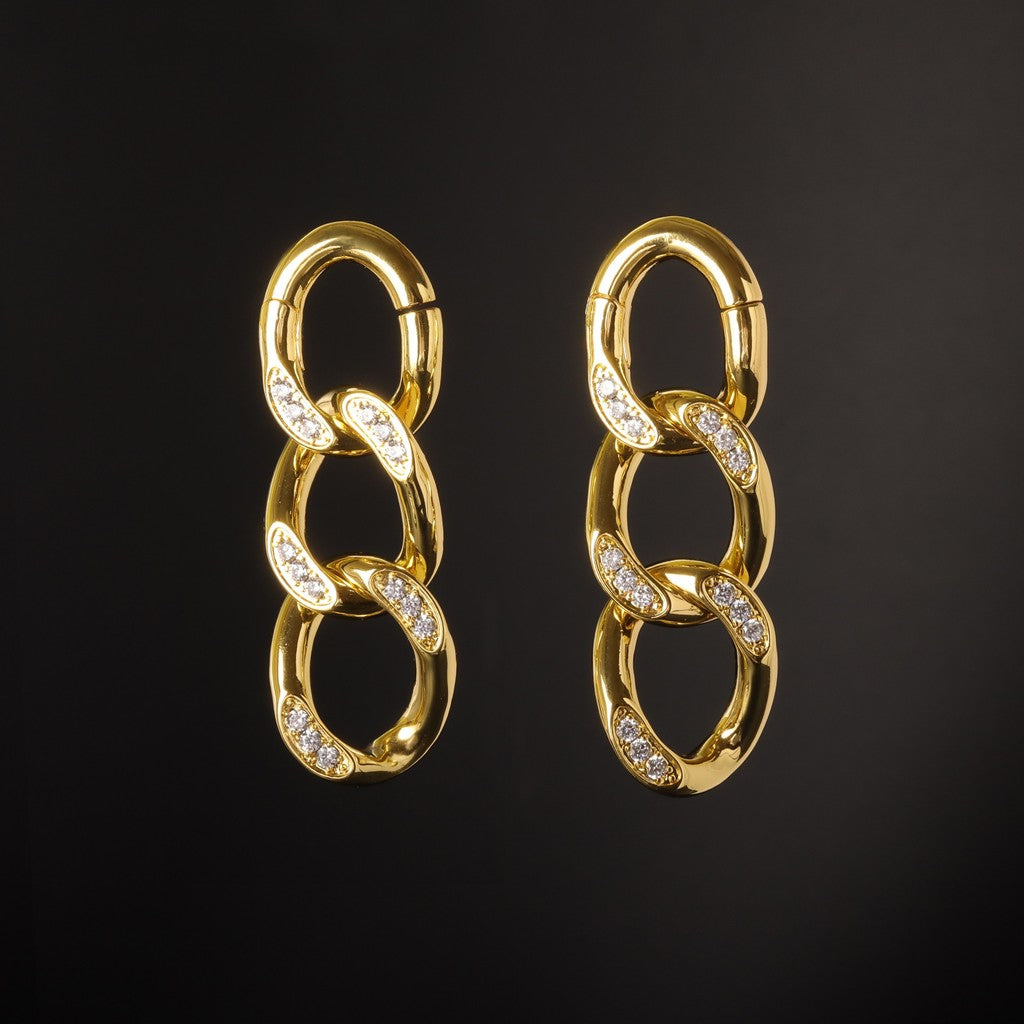 Silvery Cuban Chain Ear Weights Hanger with Easy Closure/ Mirror Polished CZ Paved Ear Gauge Jewelry/ Weighted Ear Hoop Clicker Steel/4mm