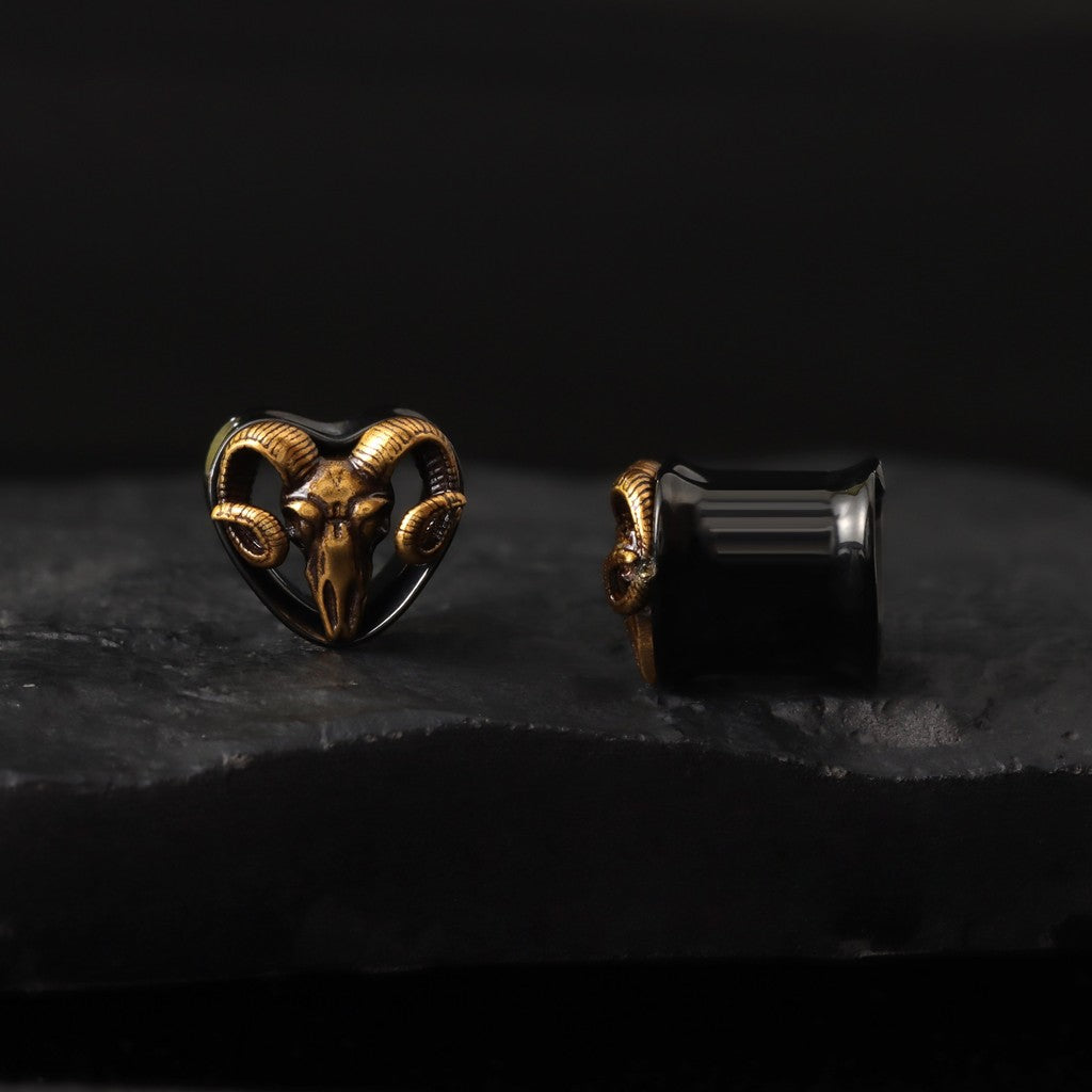 Handmade Ram Skull Ear Plugs – Golden & Black Acrylic Tunnels – Gothic Animal Skull Gauges – Unique Ear Stretching Jewelry – 8mm to 14mm