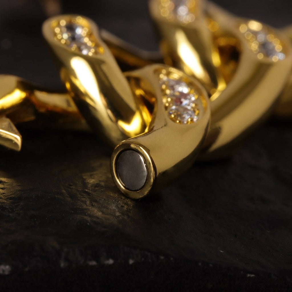 Silvery Cuban Chain Ear Weights Hanger with Easy Closure/ Mirror Polished CZ Paved Ear Gauge Jewelry/ Weighted Ear Hoop Clicker Steel/4mm