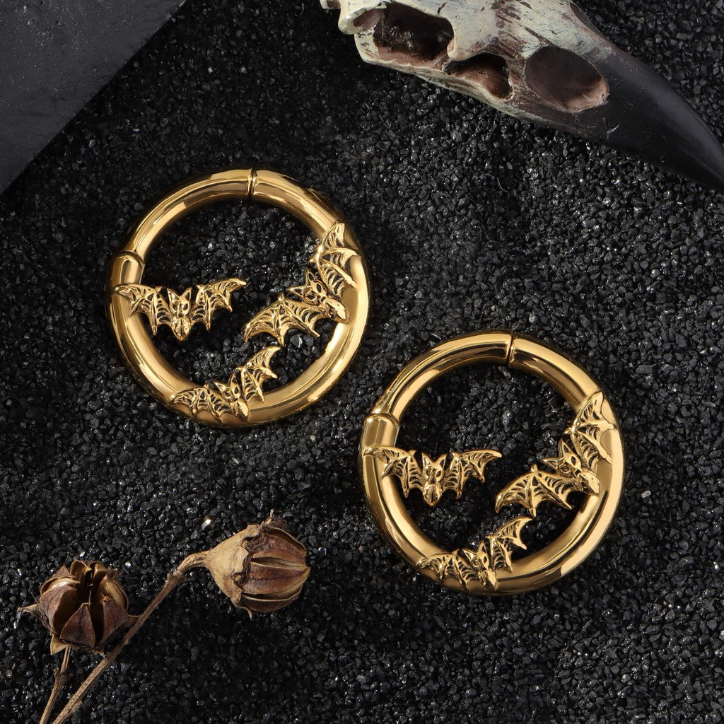 Flying Bat Ear Weights/ Round Ear Gauge Rings/ Stretched Ear Jewelry/6G Ear Plugs/Golden Ear Hangers/Steel Tunels