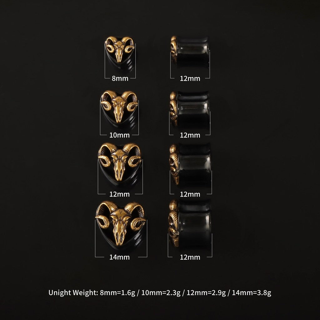 Handmade Ram Skull Ear Plugs – Golden & Black Acrylic Tunnels – Gothic Animal Skull Gauges – Unique Ear Stretching Jewelry – 8mm to 14mm