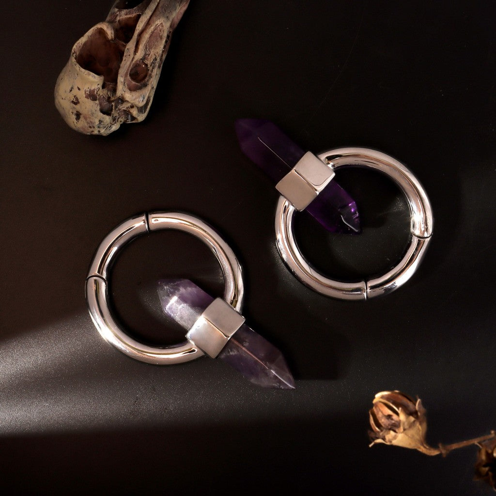 Amethyst Ear Weight/ 6mm 2G Ear Lobe Hanger/ Ear Weight Gauges For Stretched Ear/ Spike Amethyst Plug Earring/Stone Dangle Ear Hanger Silvery