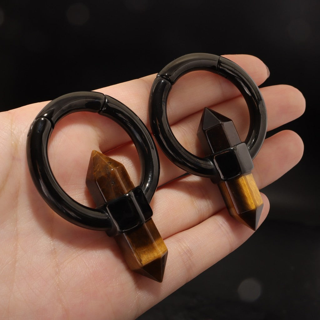 Tiger's eye Stone Ear Weight With Easy Clasp/ Black Stretched Earrings/  2G Lobe Earrings/ Hinged Lobe Weights Hoop/ Cricle Weights